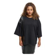 Albertyne - Sort Oversize Bluse med Lynlås og Faux Læder Detaljer