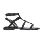 Sorte Studded Læder Flade Sandaler