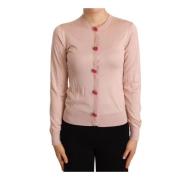 Pink Silk Strikket Roseknap Cardigan Sweater