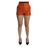 Orange Læder Højtaljede Mini Shorts