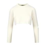 Beige Crop Sweater med Slids og Logo Tag