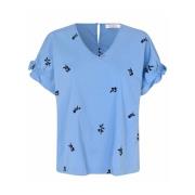 Broderet Blomsterbluse Blue Bonnet