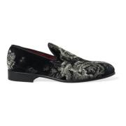 Sort Blomstret Loafers Velvet Læder