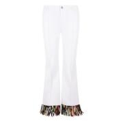 Hvide Straight Leg Jeans med Multifarvet Marmorprint Frynser