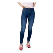 Blå Plain Zip Button Jeans Kvinder