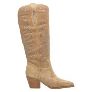 Kvinders Beige Velour Cowboy Støvler med Broderi ER00113887