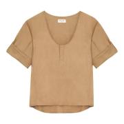 Beige Henley Bluse Bomuld-Linned Blanding