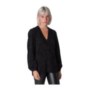 Sort Oversize Pullover med Tonal Roser og Lurex