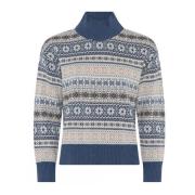 Blå Jacquard Turtleneck Pullover Bluse