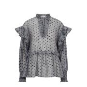 Polka Dot V-Frill Bluse Lysegrå