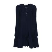 Navy Blue Lace-Up V-Neck Kjole