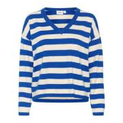 Stribet V-Neck Pullover Sweater Surf Blue