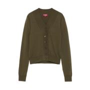 Khaki Merino Uld Strik V-Hals Sweater