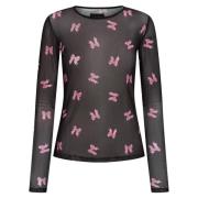 Mesh LS T-shirt med sort pink sløjfe