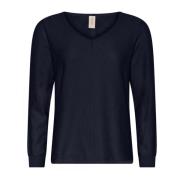 V-Neck Strukturstrik Pullover Bluse Marine