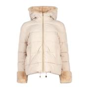 Beige faux-fur trim puffer jakke