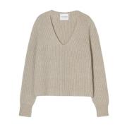 Beige V-hals Sweater Fisherman's Rib