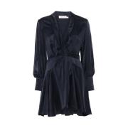 Navy Blue V-Neck Kjole med Shawl Revers