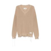 Beige Distressed Sweater med Signatur Motif