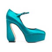 Teal Blå Satin Platform Pumps