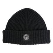 Grå Ribstrikket Beanie med Logopatch