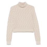 Hvid Jacquard Sweater Ribbet High-Turtleneck