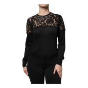 Sort Blomstret Blonde Silkebluse Top