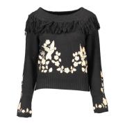 Sort dame sweater med broderi