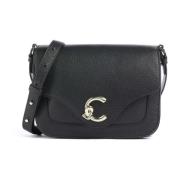 Sort læder crossbody taske med frontlomme