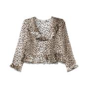 Animalier Brun Ruffle Krave Bluse