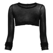 Sort semi-transparent crop top med lange ærmer