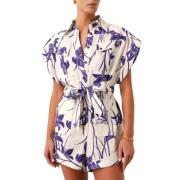 Blomstret Linned Playsuit med Lommer