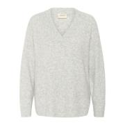 Grå Melange V-Neck Pullover Sweater