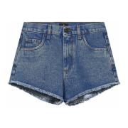 Blå Frayed Shorts med Logo Knap