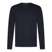 Blå Ribbet Crewneck Langærmet Skjorte