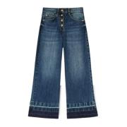 Cropped Denim Jeans med Frynset Motiv