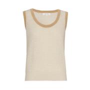 Beige Strikket Top med Brun Kant