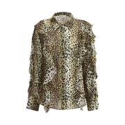 Leopard Print Silke Chiffon Ruffle Skjorte