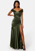 Goddiva Satin Bardot Pleat Maxi With Split Olive M (UK12)