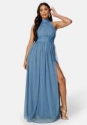 Goddiva Tie Neck Maxi Dress With Split Dusty Blue XXS (UK6)