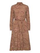 Belting-Print Tie-Front Crepe Shirtdress Knælang Kjole Brown Lauren Ra...