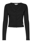 Woven Label Rib Ls Cardigan Tops T-shirts & Tops Long-sleeved Black Ca...