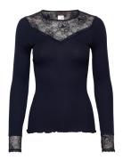 Silk T-Shirt Regular Ls W/Lace Tops T-shirts & Tops Long-sleeved Blue ...