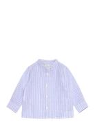 Striped Mandarin-Collar Linen Shirt Tops T-shirts Long-sleeved T-Skjor...