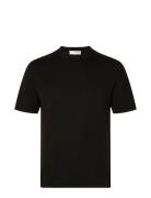 Slhberg Linen Ss Knit Tee Noos Tops T-Kortærmet Skjorte Black Selected...