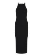 Contrast Ribbed Knit Dress Knælang Kjole Black Mango