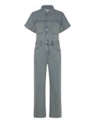 Denim Jumpsuit With Multi-Position Buttons Bottoms Jumpsuits Blue Mang...