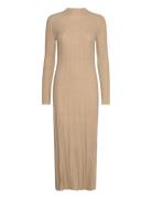 Perkins-Neck Ribbed Dress Knælang Kjole Beige Mango