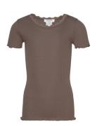 Silk T-Shirt W/ Lace Tops T-Kortærmet Skjorte Brown Rosemunde Kids