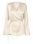 Adina Satin Wrap Blouse Tops Blouses Long-sleeved Cream Malina